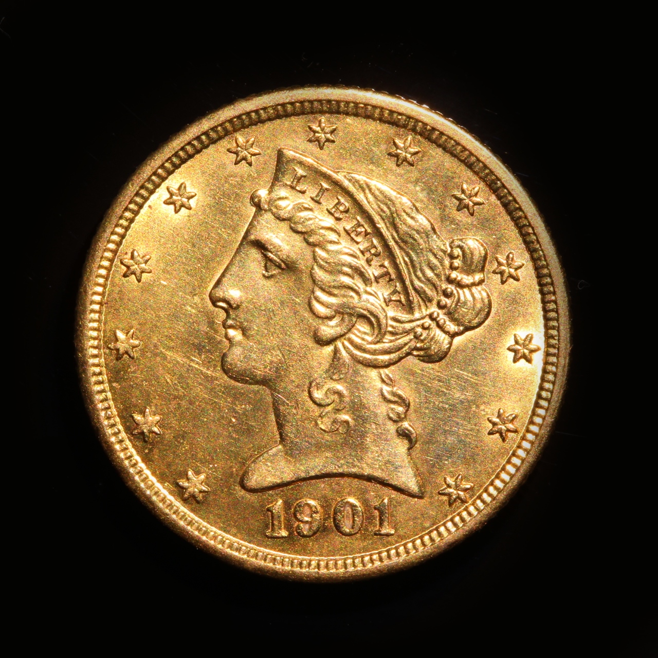 1901 Liberty 5 Dollars Gold (Half Eagle), AU-55