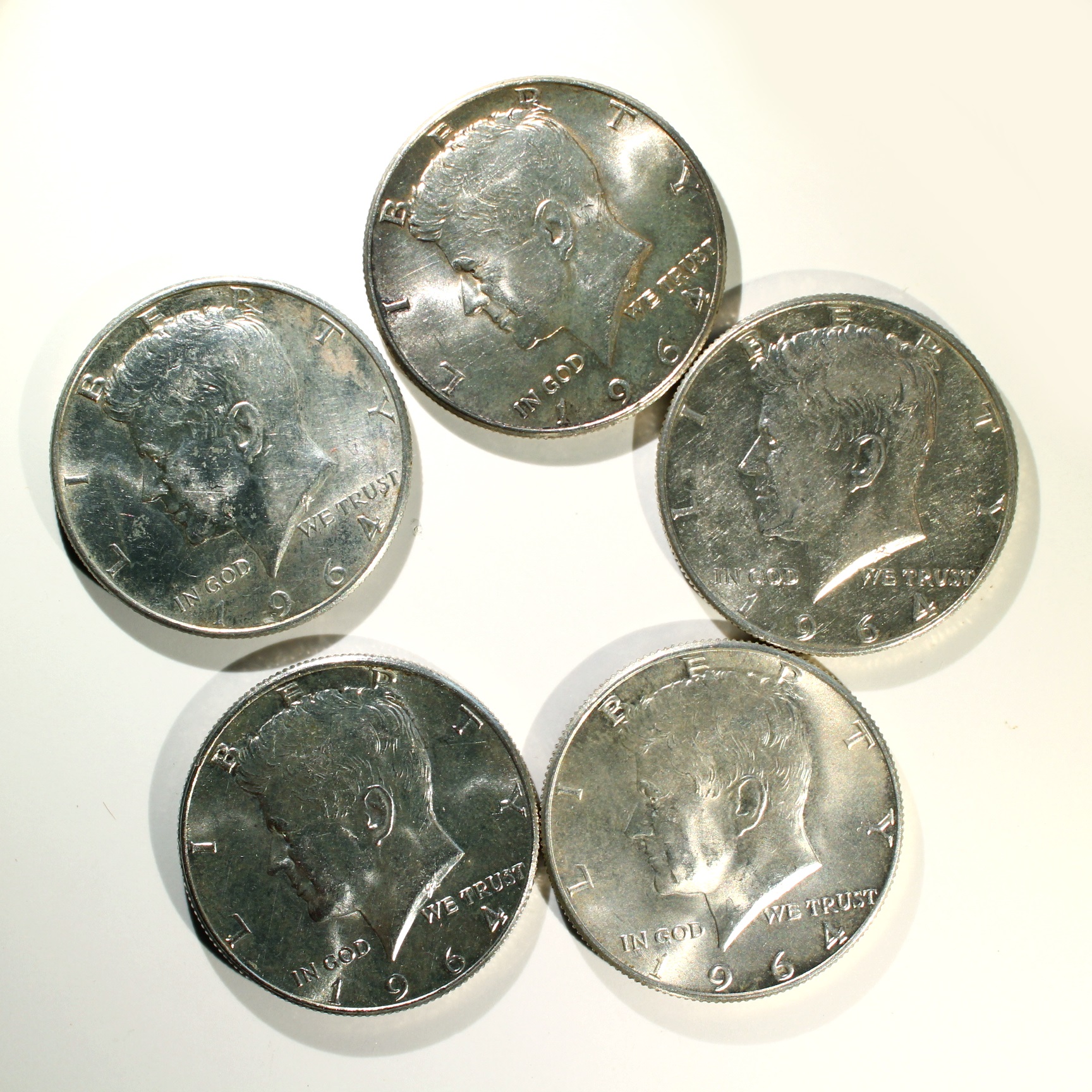 Lot of (5) 90% Silver Kennedy Half Dollars, 1964-D and 1964-P, XF-40