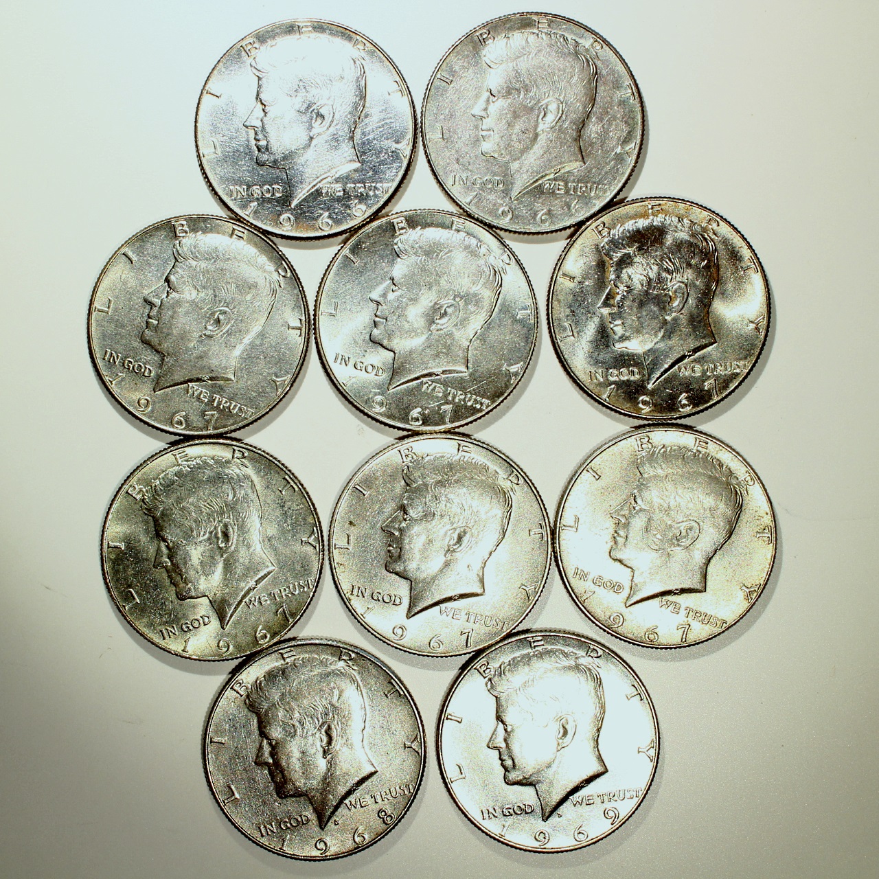 Lot of (10) 40% Silver Kennedy Half Dollars, 1966-1969, Appx VF-30